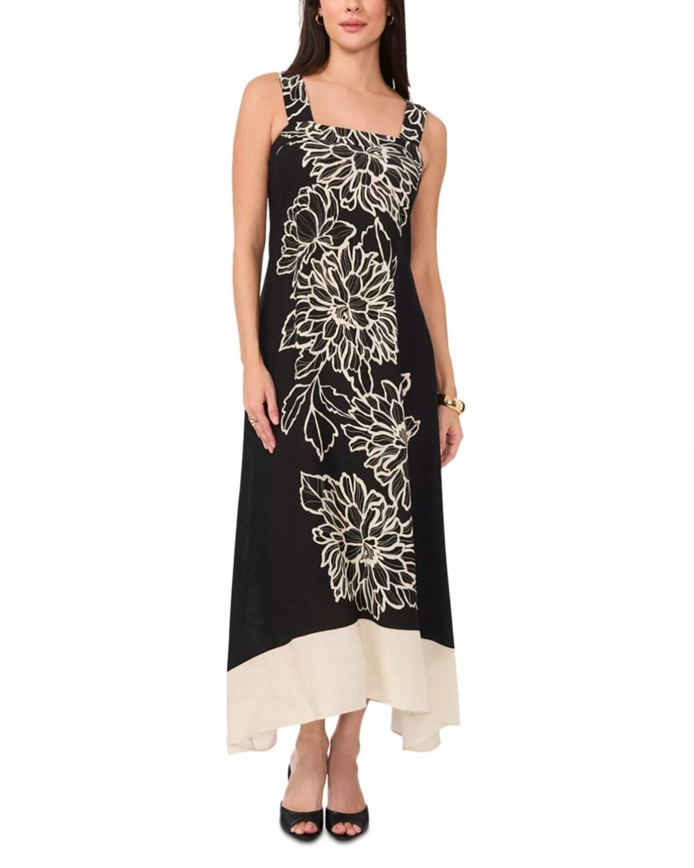 Vince Camuto Women Rich Black Floral Rayon Square Neck Relaxed Maxi Dress Size S